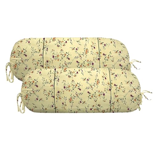 Image of Trance Home Linen 100% Cotton 16x32 inch 200TC Printed Pipe-in Bolster Cover | Bolster Pillow Cover to fit 24 inch Length 9 inch Dia | Pack of 2 Bolster Cover only (16x32 inch, Lilly Ivory)