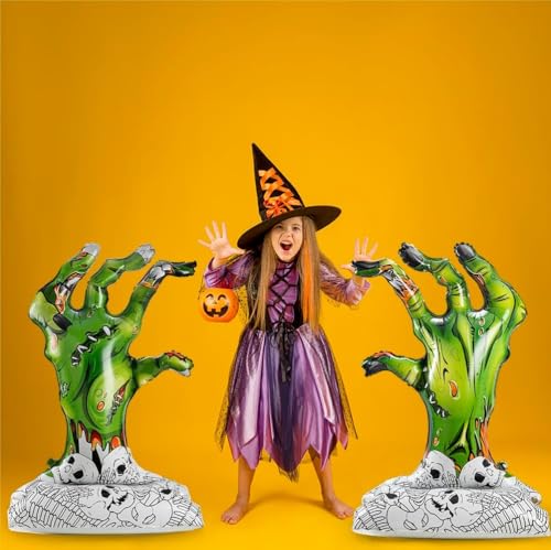 Image of Rozi Decoration 48 Inch Halloween Hand Foil Balloons Set of 2 Pcs | Self-Standing Green Zombie Hand Foil Balloon | Halloween Balloons for Kids | Halloween Party Decorations