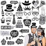 HOWAF 36pcs Glitter Birthday Photo Booth Props, Silver Glitter Happy Birthday Photo Props Kits Decoration for Men Women Birthday Celebration Party Favor, Funny Birthday Shiny Prop Pose Sign