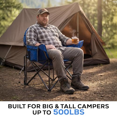 Image of Romswi 2-Pack Oversized XXL Padded Camping Chairs for Adults, 500lbs Heavy Duty Support, 500G Ultra-Thick Cushion Sofa-Like Comfort, Folding Lawn Chair with Cooler Bag & Side Pockets, Blue /Gray