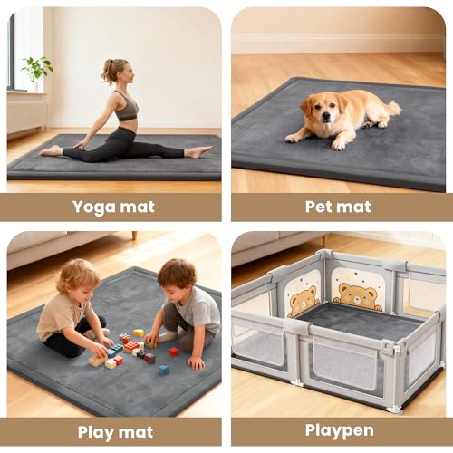 Image of ACOMOPACK Baby Play Mat for Floor 1.3 inch Thick Memory Foam Play Mat 71 inchx79 inch Tummy Time Crawling with Non-Slip Bottom for Living Room,Nursery,Soft Velvet Playpen Mats for Kids,Infants(Dark Grey)