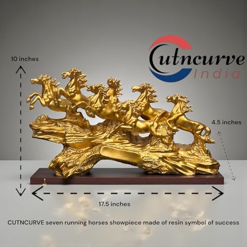 Image of 7 Running Horses | Vastu, Feng Shui Statue for Good Luck Wealth Health Happiness White Horses with Golden Touch | Home Decor Gift for Home, Office, Resin (L-17, H-10 Inch) (Yellow-Golden)
