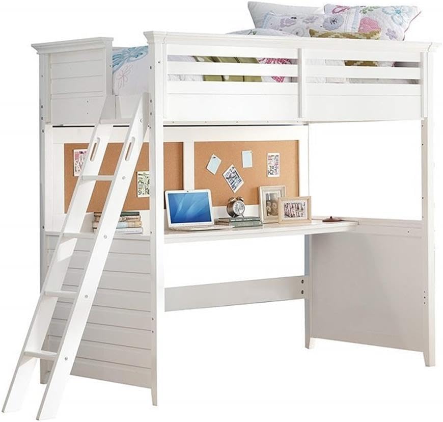 Rosebery Kids Twin Loft Bed with Desk, Poplar Wood and MDF, White Finish, 74" H x 83" W x 45" D, Full-Length Guardrail, Corkboard Panel, Reversible Ladder, Youth Bed for Kids Bedroom