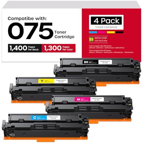 Image of 075 Toner Cartridge Set 4-Pack Replacement for Canon 075 075H Printers | Compatible with Canon Color imageCLASS MF662Cdw MF665Cdw LBP646Cdw, High Yield with Chip, 1400 Pages Black, 1300 Pages Color