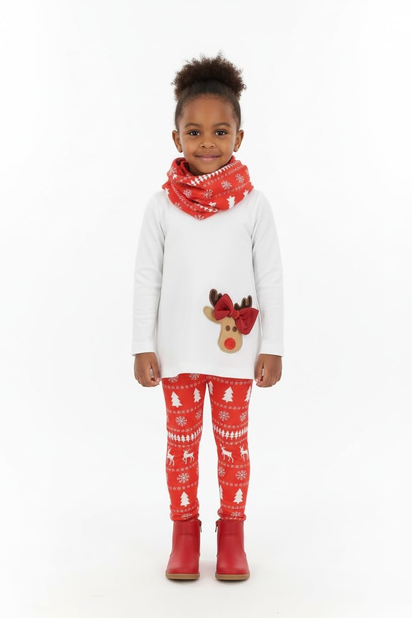 Unique Baby Girls Kids Toddler 3pc Outfit Set Long Sleeve A-Line Tunic Top Leggings and Scarf - Image 2