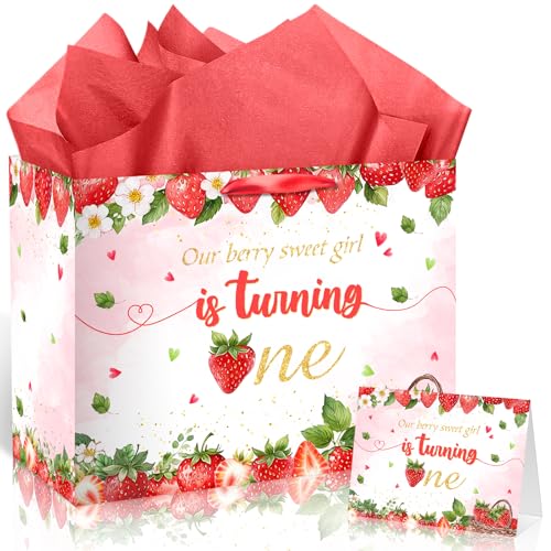 Sacchetto regalo per il 1° compleanno con fragole e bacche, decorazioni per il primo compleanno, la nostra dolce ragazza sta girando una carta da regalo Sweet One Strawberry carta velina per neonata 1