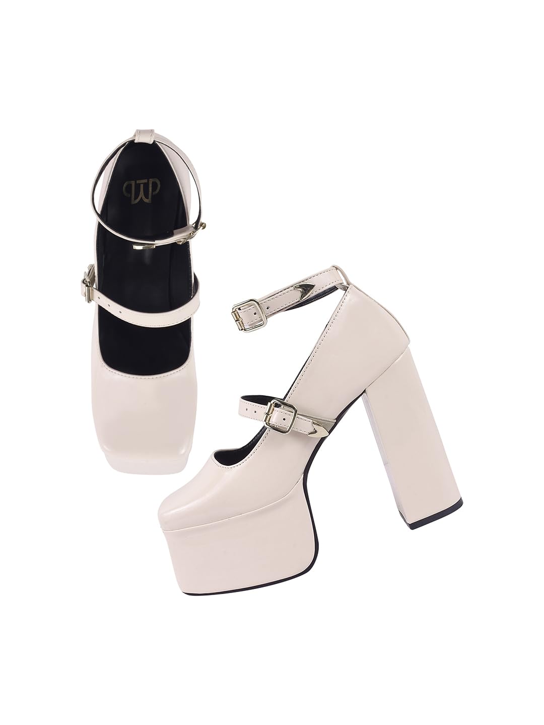the white pole Comfortable Buckle Closure High Chunky Block Heels For Women & Girls-picture-1