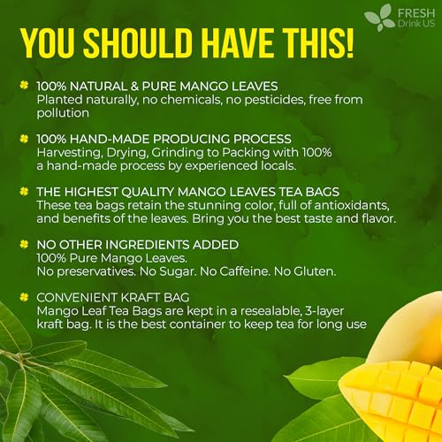 Image of FreshDrinkUS, Premium 40 Mango Leaf Tea Bags, 100% Natural& Pure from Mango Leaves. Herbal Tea. No Sugar, No Caffeine, No Gluten, Vegan.