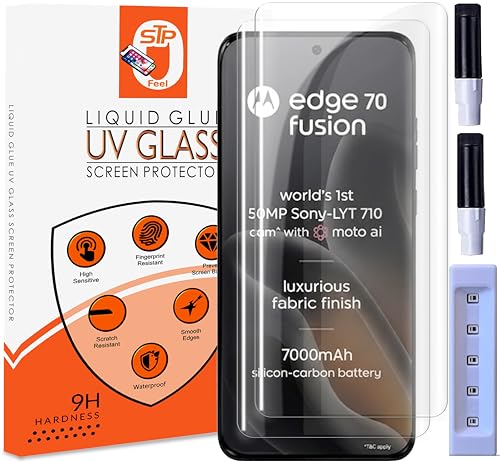 Image of STP FEEL Premium UV Tempered Glass Screen Protector Guard Compatible For Motorola Edge 70 Fusion 5G (6.78 Inch, Pack of 2) Full Adhesive UV Curved Case Friendly HD Clarity with easy installation kit