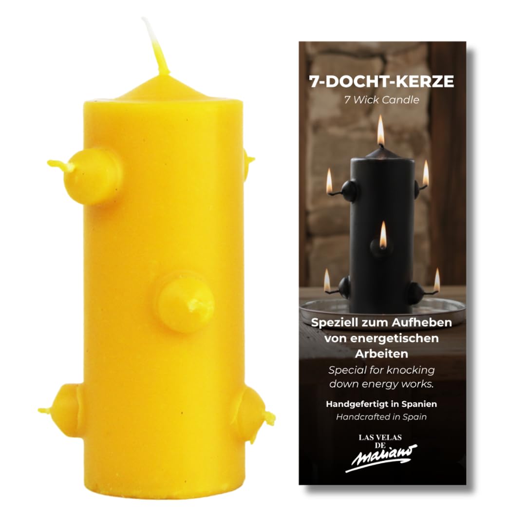 VELAS MARIANO Schwarze Kerze mit 7 Dochten, 16 cm hoch x 5,5 cm breit, für Reinigungsrouten (gelb)