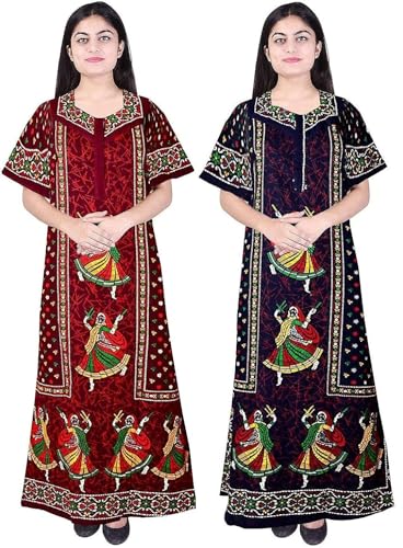 Image of YUKATA Nighty for Women Cotton Printed Maxi Gown Ankle Length Nighty Night Dress Gown for Women Maxi - Free Size (Pack of 2)