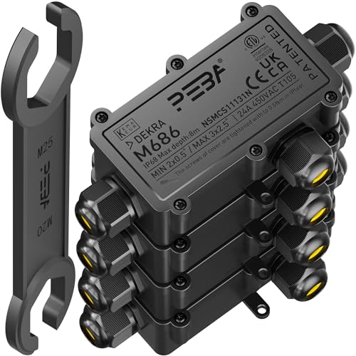 PEBA Lot de 4 boîtes de dérivation étanches IP68 - Boîte de jonction avec prise - 4 à 8 mm et 8 à 12 mm - Pour jardin et extérieur - Boîte de raccordement - 3 voies - Noir