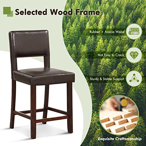 Image of COSTWAY Bar Stools Set of 2, PVC Leather 24.5 Inch Counter Height Chairs with Hollowed Backs, Rubber Wood Legs, Upholstered Barstools for Kitchen Island Home Bar Pub Dining Room, Brown