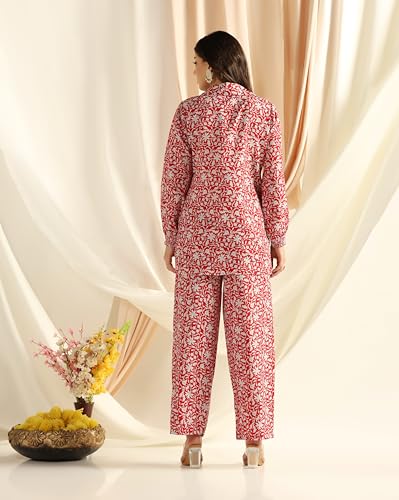 Image of DHRUVI TRENDZ Co Ord Set for Women Stylish | Ethnic Cotton Casual Cord Set | Stylish Summer Kurta & Pant Set | Casual Daily Outfit Night Suit for Women | Full Sleeve Top with Relaxed Fit Trousers