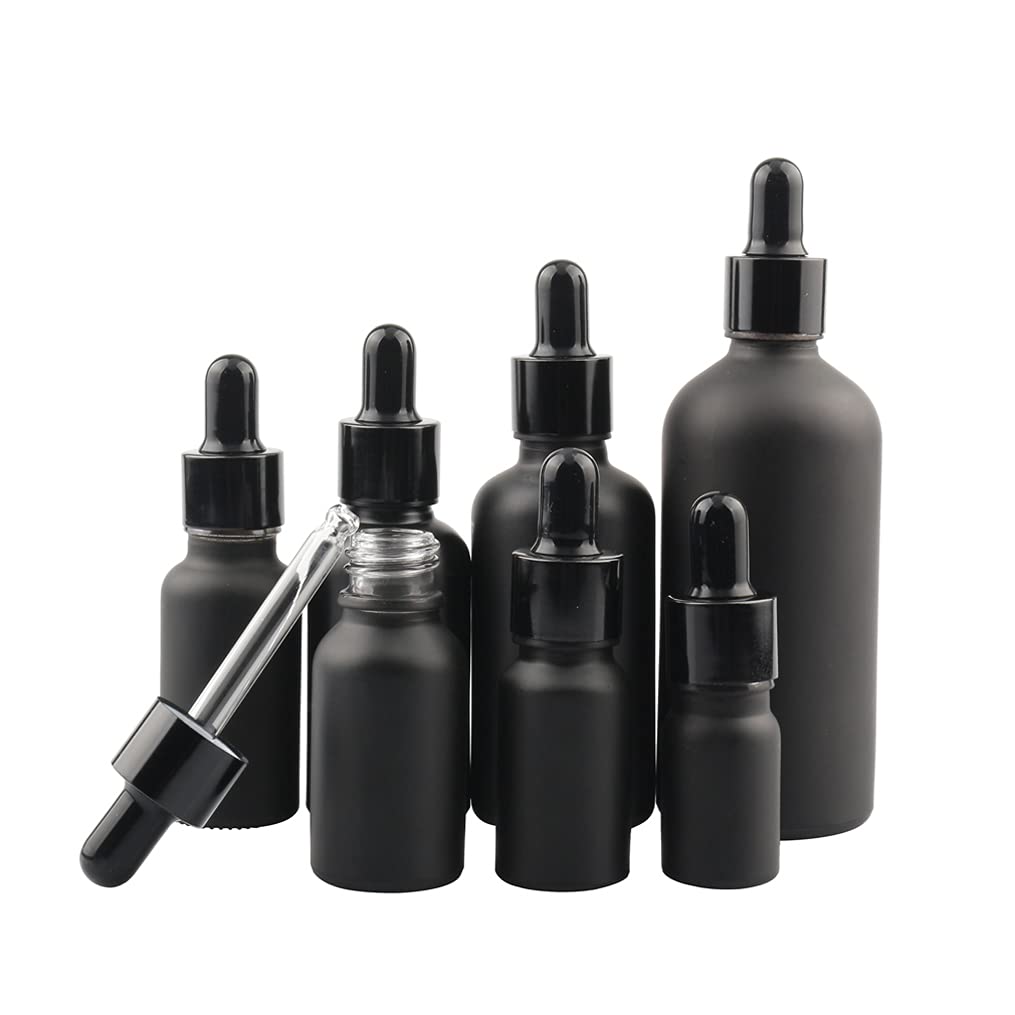 24 Pieza,Botella de Aceite Esencial Negro mate de 50 Ml, Botellas de Cristal con anillo de Negro y pipeta, para Aceite Esencial, Masaje,Fragancia, Aromaterapia