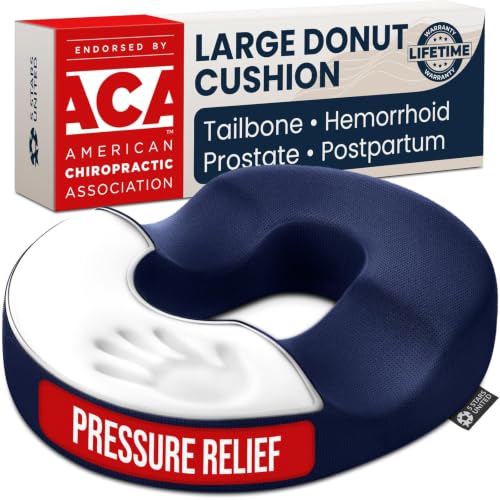 Image of 5 STARS UNITED Donut Pillow for Tailbone Pain & Hemorrhoids - Large Memory Foam Seat Cushion for Bed Sore-Prone Areas & Pressure Relief - Prostate, Postpartum & Pregnancy Support, Blue Mesh Cover