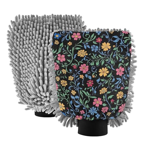 Retro Colorful Flowers Car Wash Microfiber Mitt 2 Pack Car Washing Gloves Scratch Free Clean Safe Mitt for Wash Drying