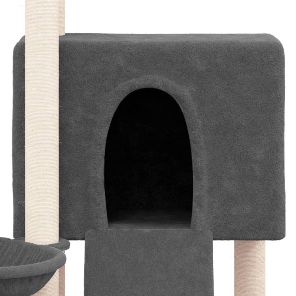 Tiragraffi per gatti con colonne in sisal, grigio scuro, 96 cm, albero da arrampicata con grotta, amaca, piattaforma e torre da gioco per interni, peluche e legno