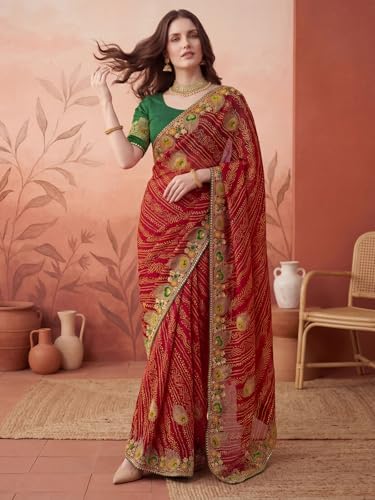 Image of SIRIL Women's Bandhani Printed Embroidery Georgette Saree with Unstitched Blouse Piece