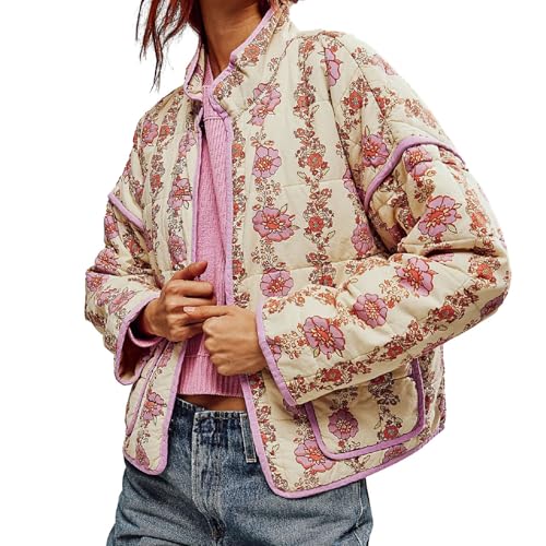 Muineobuka Women Y2k Quilted Jacket Long Sleeve Open Front Floral Lightweight Jacket Padded Quilted Cropped Cardigan Jackets