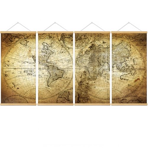 4pcs Vintage World Map Canvas Wall Art Prints Stretched Canvas