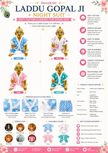 Image of Summer Special Dress Set of 4 laddu Gopal ji Pure Cotton Fancy Night Suit for Daily shringar | Random Color & Designs. (Size 1)