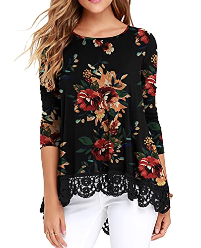QIXING Women's Tops Floral Printed Tunic Long Sleeve Lace Trim Shirts Blouse FP Brown Black-X-Large