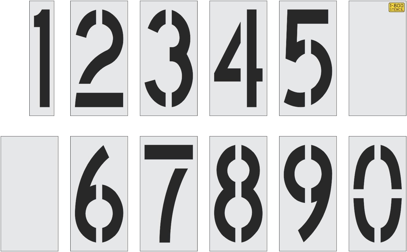 24'' x 12'' Number Kit Stencil - Parking Lot Pavement Stencils - 1/8" (.125") PRO-Grade LDPE - 12 Piece Number Kit