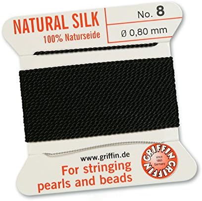 GRIFFIN 100% Natural Silk Beading Cord String Thread - Black - 2 metres with one needle - Size 0.80mm
