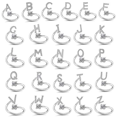 HUJUON Silver Initial Letter Ring for Women. Adjustable Crystal Alphabet Ring,Name Initials Stackable Knuckle Rings A-Z CZ Open Ring4