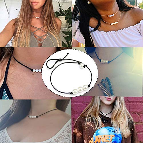 Single White Pearl Choker Necklace with Three Beads Freshwater Pearls Choker Necklace on Genuine Leather Cord Knotted Collarbone Chain Jewelry for Women （2 Pack）3