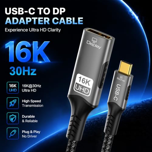 Cable de video USB-C a DisplayPort 2.1 Thunderbolt 4 con soporte 16K 60Hz y 8K 120Hz M/F 2