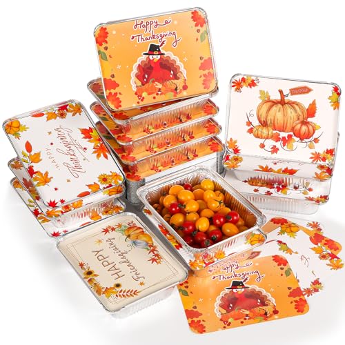 Thanksgiving Aluminum Food Containers With Lids - 48 PCS Disposable Turkey Tin Foil Pans for Leftovers and Party Supplies