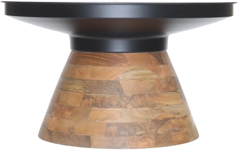 Pemberly Row Modern Round Coffee Table, Solid Wood Base Walnut Finish, Black Iron Top, 30 in Diameter x 17.5 in Height, Mid-Century Style, Heavy Weighted Base for Living Room or Accent Use