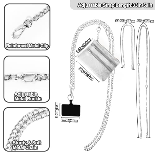 Image of XANGNIER Clip and Go Strap for Phone with Wallet Crossbody, Phone Strap with Zippered Wallet, Adjustable Anti Theft Cellphone Lanyard for Women, Cellphone Chain Accessories,Chain Silver