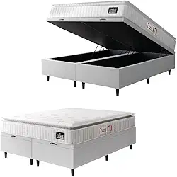 Cama Box Baú Casal Queen Colchão Espuma D45 Lazio Pillow Top 158x198x65cm Branco Hellen – Suporta Até 150 Kg Por Pessoa