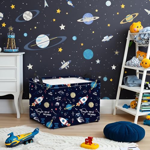 Image of Rectangular Space Basket for Boys Baby Storage Basket Storage Bin Organizer Box Room Decor(Rocket Planet)