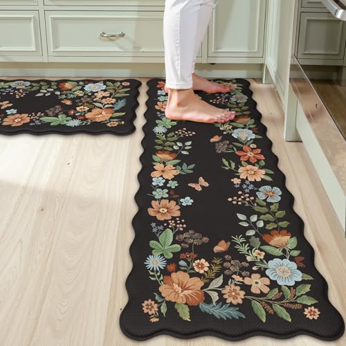 Collive Kitchen Mats for Floor 2PCS, Scalloped Cushioned Anti Fatigue Mat Non Slip Waterproof Kitchens Sink Rug, Vintage Boho Floral Rugs Comfort Standing Mat for Laundry, Desk, Bar, Office, Black