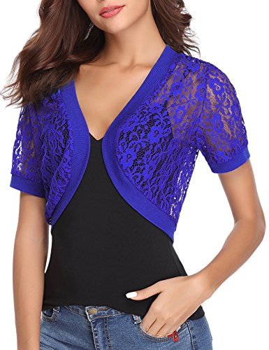 Abollria Women Short Sleeve Floral Lace Shrug Open Front Bolero Cardigan Royal Blue