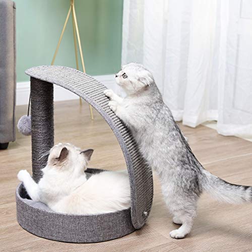 Happi N Pets Premium All in One Cat Posts and Scratchers Scratching Posts for Indoor Cats with Arch Scratching Pad & Big Soft Cat Bed Comfortable for Adult Cats & Kittens Space Saver Grey