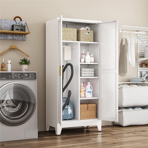 Image of Metal Combination Cabinet, Utility Closet Storage Cabinet with 4 Shelves, Farmhouse Pantry Closet with Doors, 71 inch Tall Storage Cabinets with Hanging Rod and Shelf for Laundry Mudroom Office Bedroom