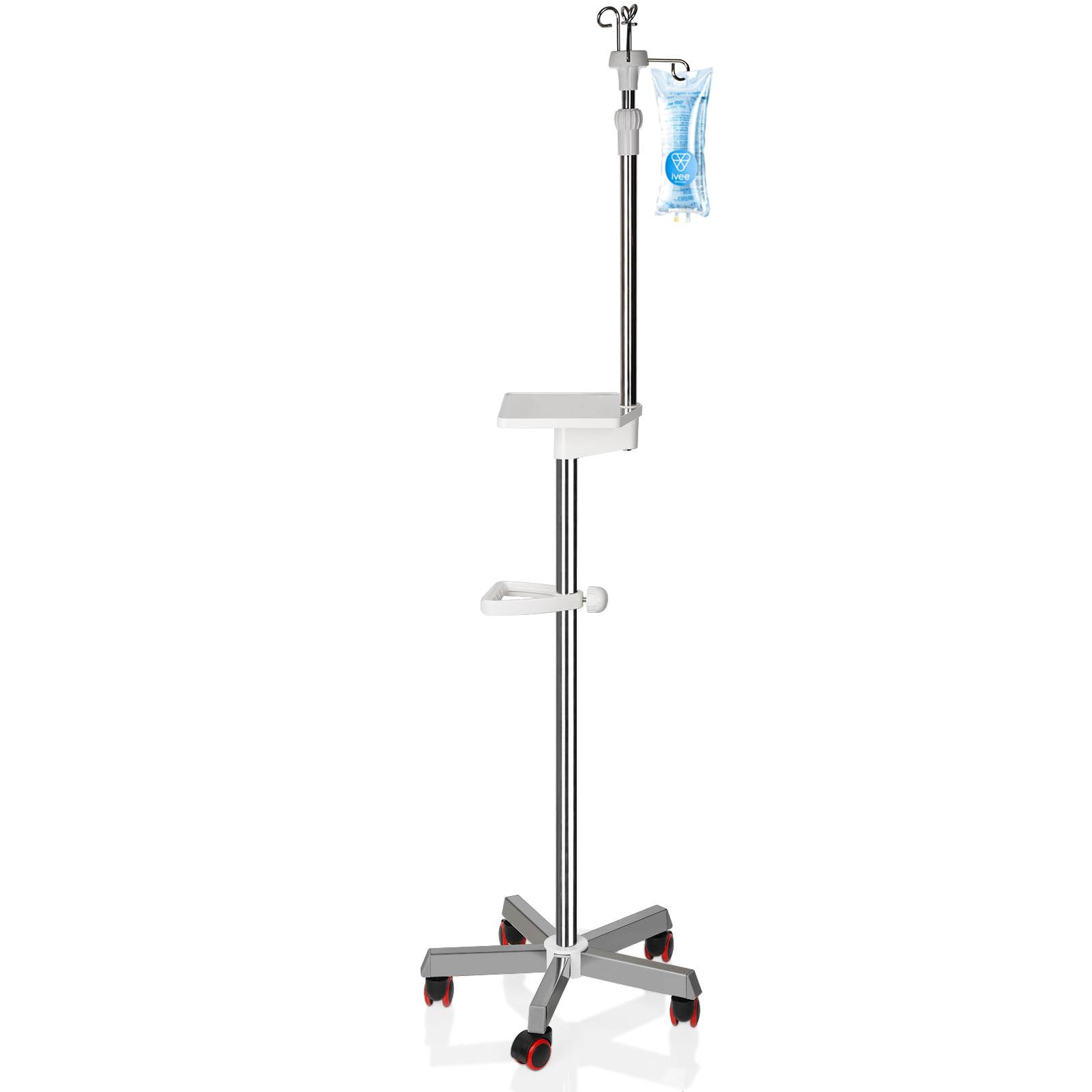 IV Stange mit Rollen, verstellbar 144,8 cm - 200,7 cm Höhe | Medizinischer IV-Ständer aus Edelstahl mit Tablett und 4 Haken für IV Krankenhaus Home Infusion Praxis und Therapie