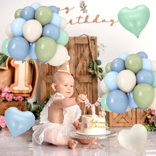 Image of Dusty Blue Sage Green Balloon Arch Kit, 140Pcs Fog Blue and Light Blue Green Sand White Balloons Different Size with Heart Foil Balloon for Baby Shower Bridal Anniversary Birthday Party Decorations