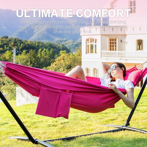 Image of PNAEUT Double Hammocks with Stand for Outside, Portable Space Saving Heavy-Duty Steel Stand for Indoor Outdoor Patio with Carrying Bag, 450 lbs Capacity (Rose Pink)