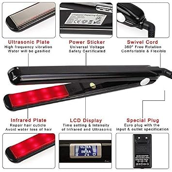 Hair Care Ultrasonic Infrared Hair Straightener with LCD Display, Cold Flat Iron Hair Treament Styler, Recovers Damaged Hair, Infrared Hair Straightener Ceramic Flat Iron, Dual Volatge (Black)