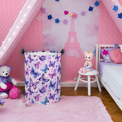 Image of Baby Laundry Basket Baby Hamper for Nursery Girl Kids Butterfly Hamper Cute Kids Storage Bin Organizer Room Decor for Home(Purple Butterfly)