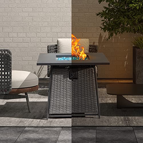 Domi 32In Propane Fire Pit, 50,000 Btu Gas Fire Pit Table With Lid, Glass Rocks, Etl Certification, Classic Firepit With Rattan Wicker Base And Wood Look Tabletop #TOP5