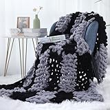 MABOZOO Checkerboard Chunky Knit Blanket, 50x60'' Thick Cable Knit Crochet Blanket Chenille Yarn Throw Blanket, Large Rope Knot Throw Blanket with Chenille Yarn for Couch, Sofa, Chair, Bed(Black)