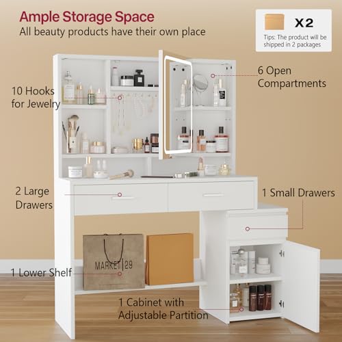 Airfish Tocador Grande, 140x40x100 CM Gran Tocador de Maquillaje con Luces LED, Brillo Ajustable, Mesa de Maquillaje con Espejo y Compartimentos Abiertos, 2 Cajones y 1 Armario, Blanco - imagen 5
