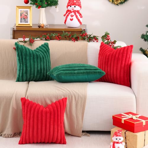 Image of Pallene Faux Fur Plush Lumbar Throw Pillow Covers 12x20 Set of 2, Luxury Soft Fluffy Striped Decorative Pillow Covers for Sofa, Couch, Living Room, Christmas Green